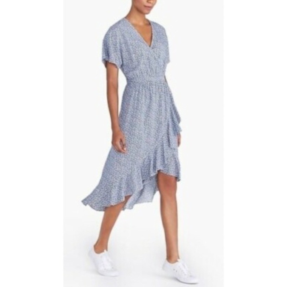 J Crew Mercantile Blue White Pink Floral V Neck Ruffle Dress Size Small